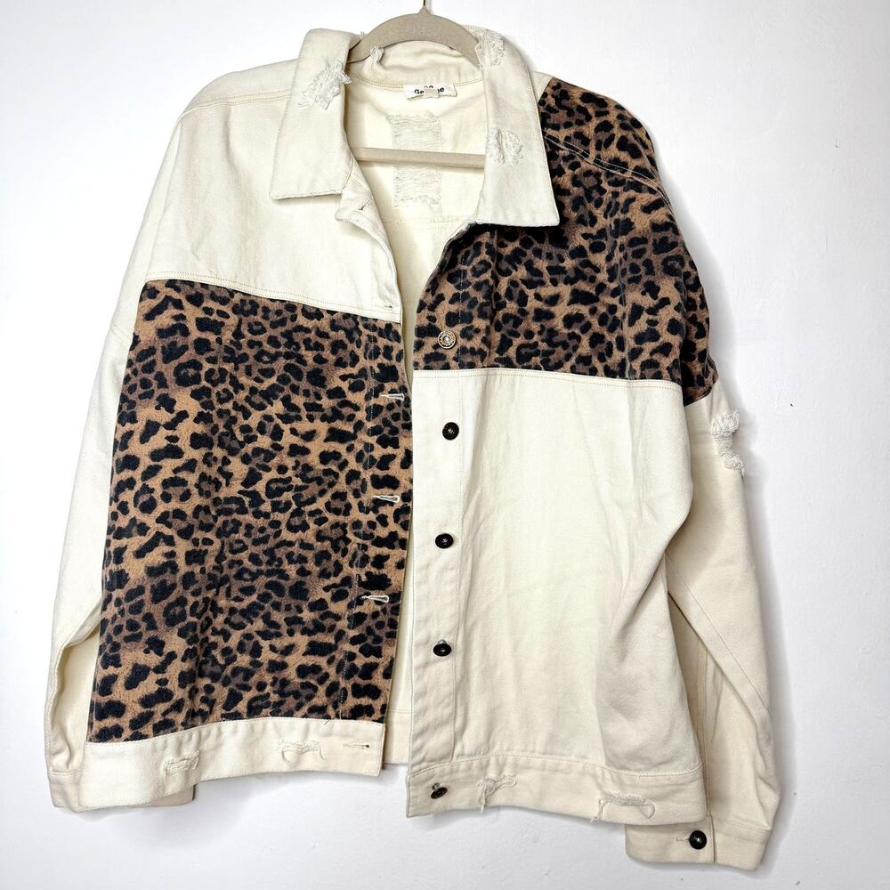 Geegee Leopard Print Contrast Distressed Denim Shacket Size XL